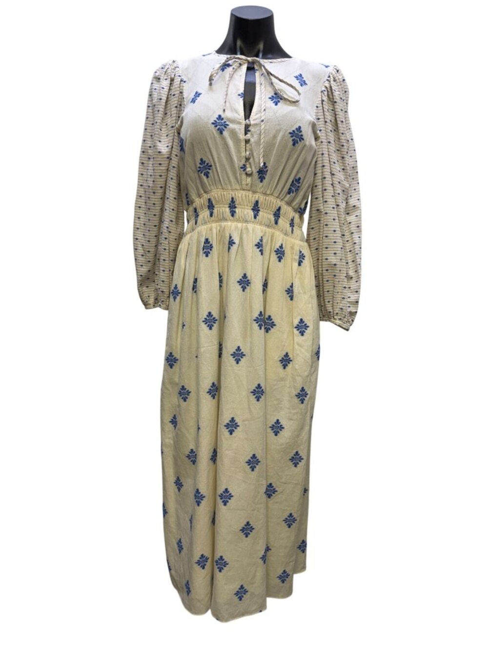 Hunter Bell Cream & Blue Maxi Dress With Tie Neck & Long Sleeves L